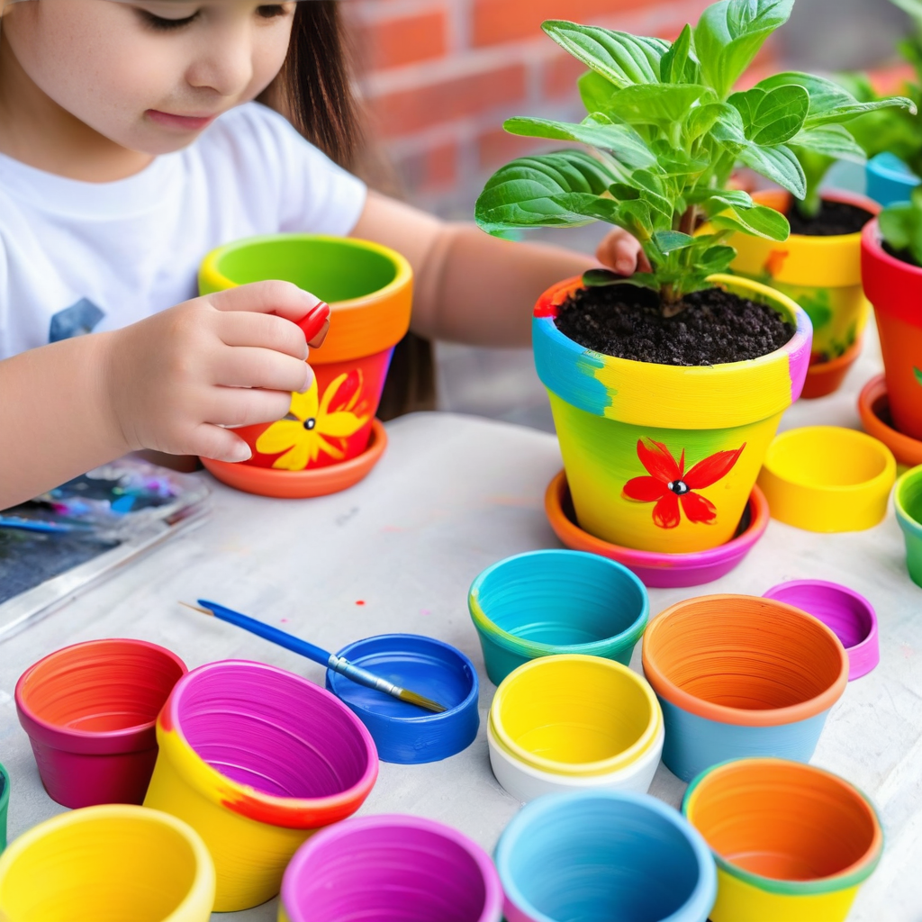 kid painting flower pot 
