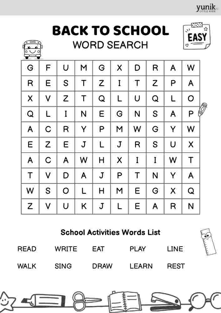 School Activities Back to school word search Easy