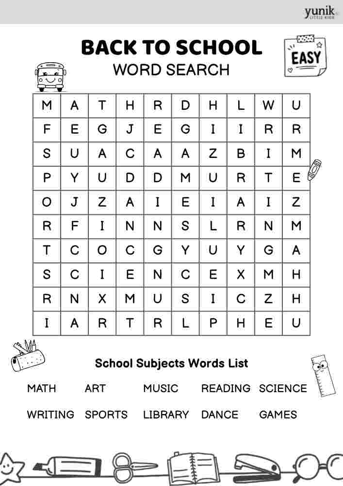 School Subjects Back to school word search Easy