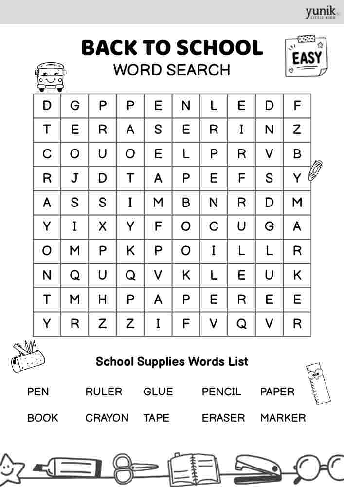 Supplies Back to school word search Easy