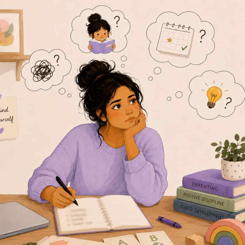an overwhelmed mom with messy bun thinkin g about what to do with kids for helping them learn