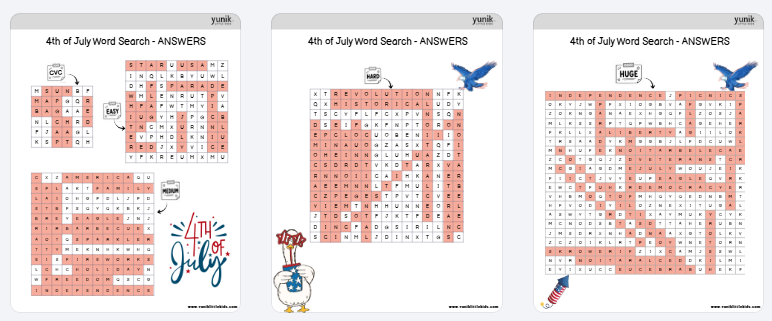 Answers to 4th of july word search puzzles