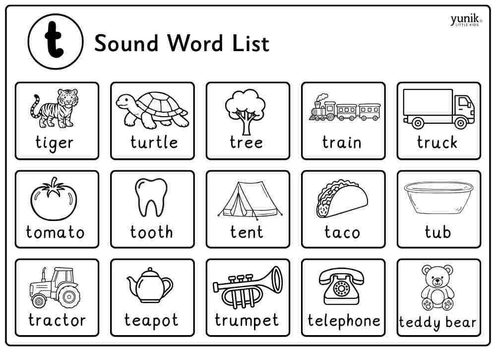 t sound word with pictures BW